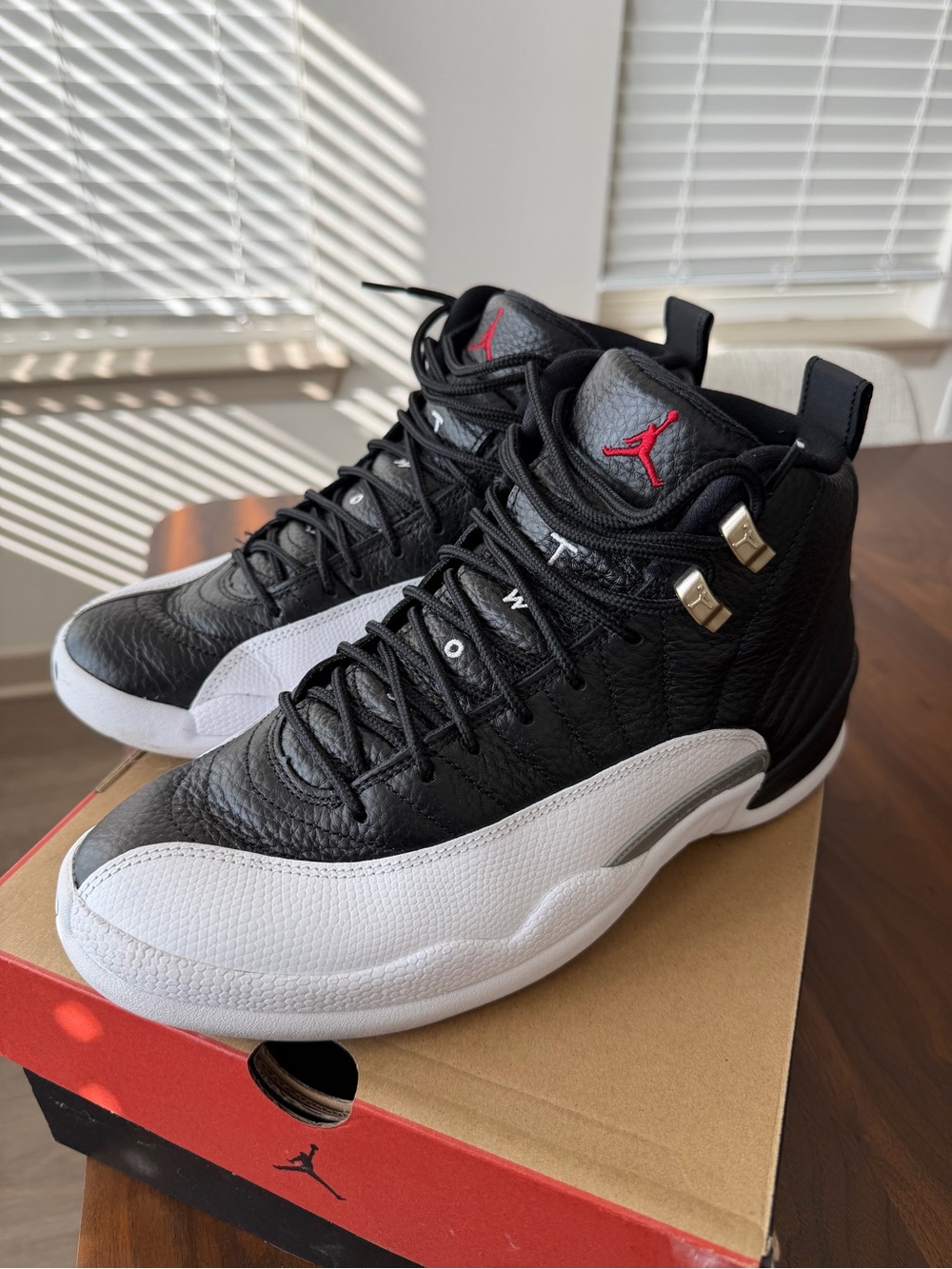 Jordan 12 Playoff  Black White Sneakers with Red Jumpman